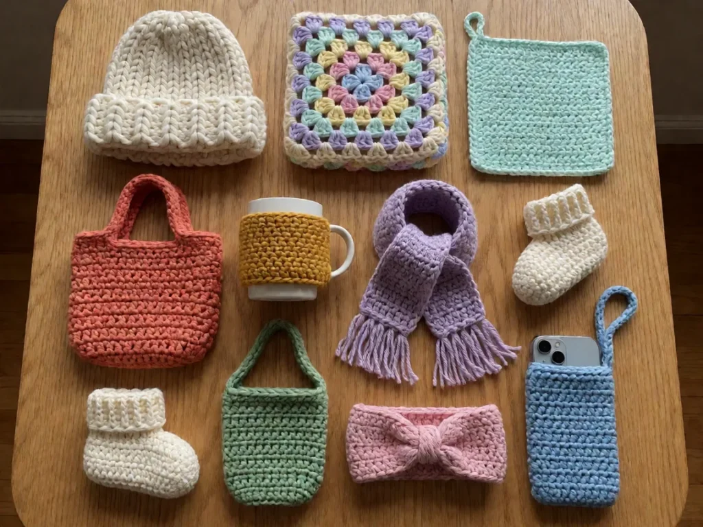 Ten finished beginner crochet projects laid out on a wooden table including a dish cloth, beanie, bunny plush and cushion