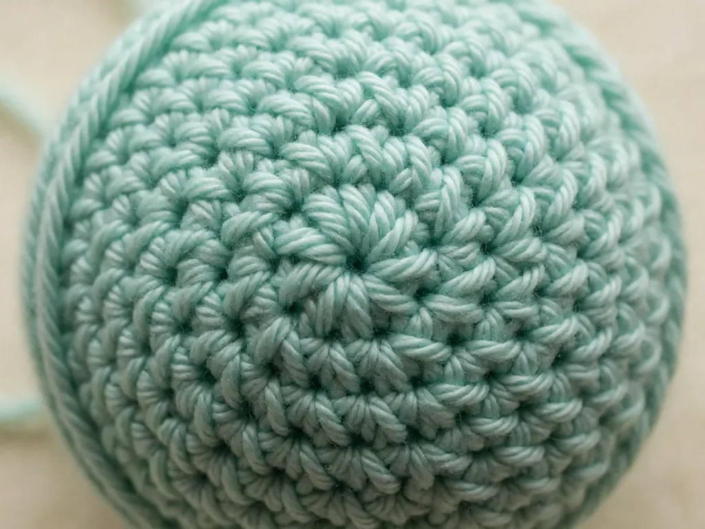 Close-up of a crocheted ball showing a visible spiral seam where each round of single crochet joins the previous one
