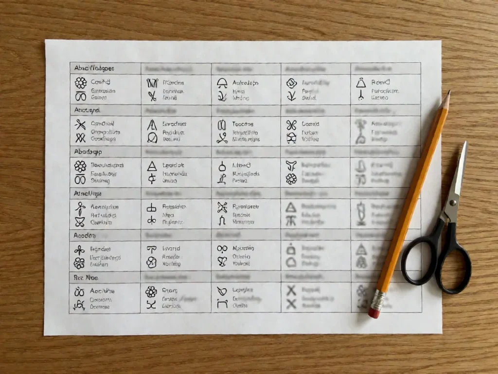 A printed crochet abbreviation cheat sheet showing sc, dc and hdc symbols next to their full names