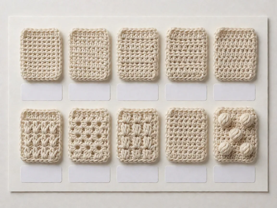 A crocheted stitch sampler swatch showing rows of foundation, basic and textured crochet stitches side by side