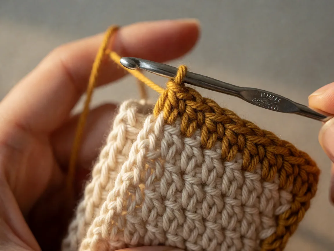 Two crocheted squares being joined along their edges with a slip stitch seam