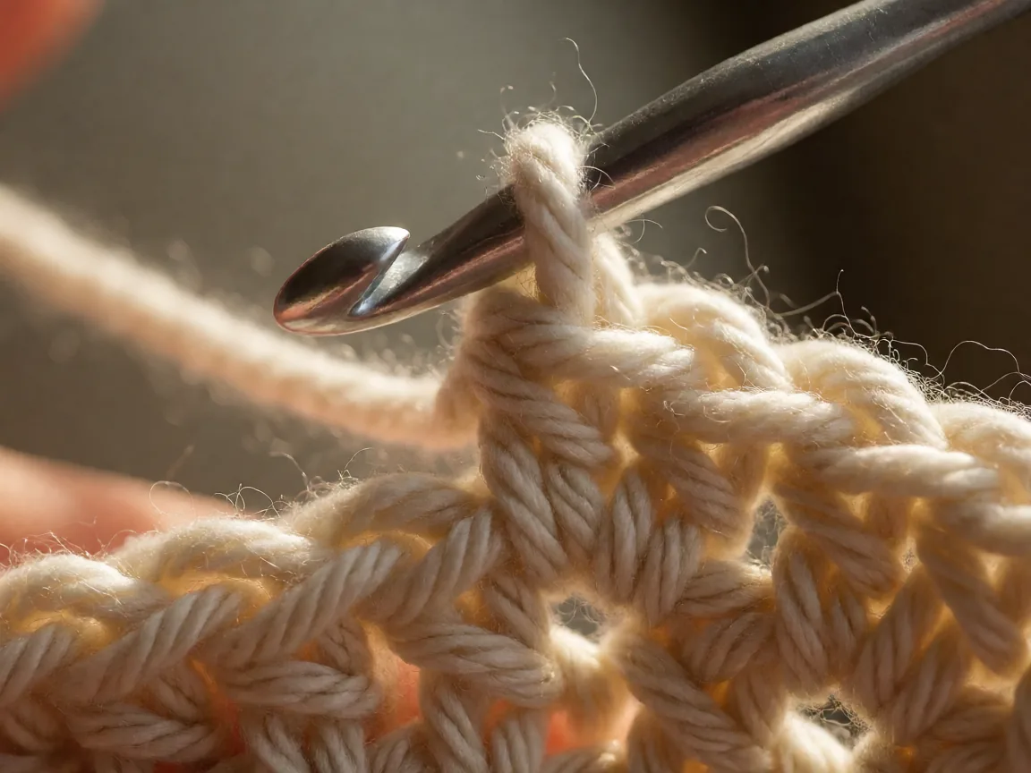 Close-up macro shot of a crochet hook pulling yarn through a single crochet stitch in progress