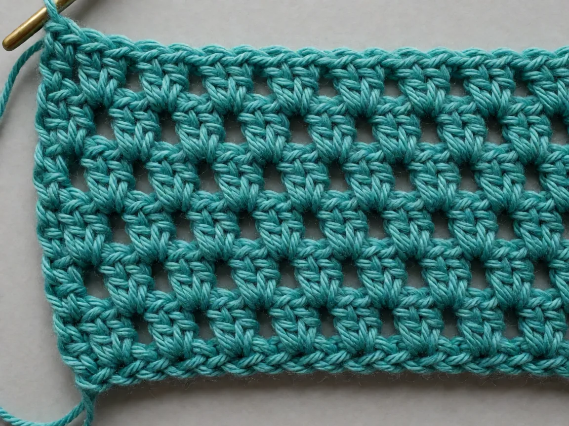 A close-up of a row of double crochet stitches showing the tall vertical posts of each stitch