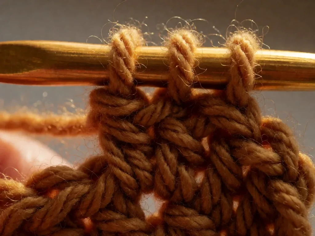 Close-up of a crochet hook mid double crochet showing the three loops on the shaft and yarn over
