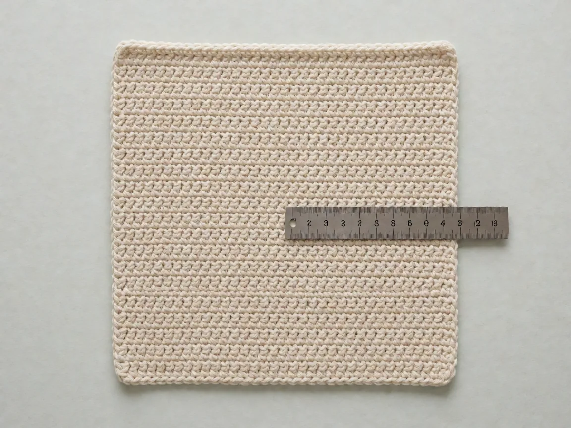 A crocheted gauge swatch laid flat on a table with a tape measure across it showing stitch count and row count
