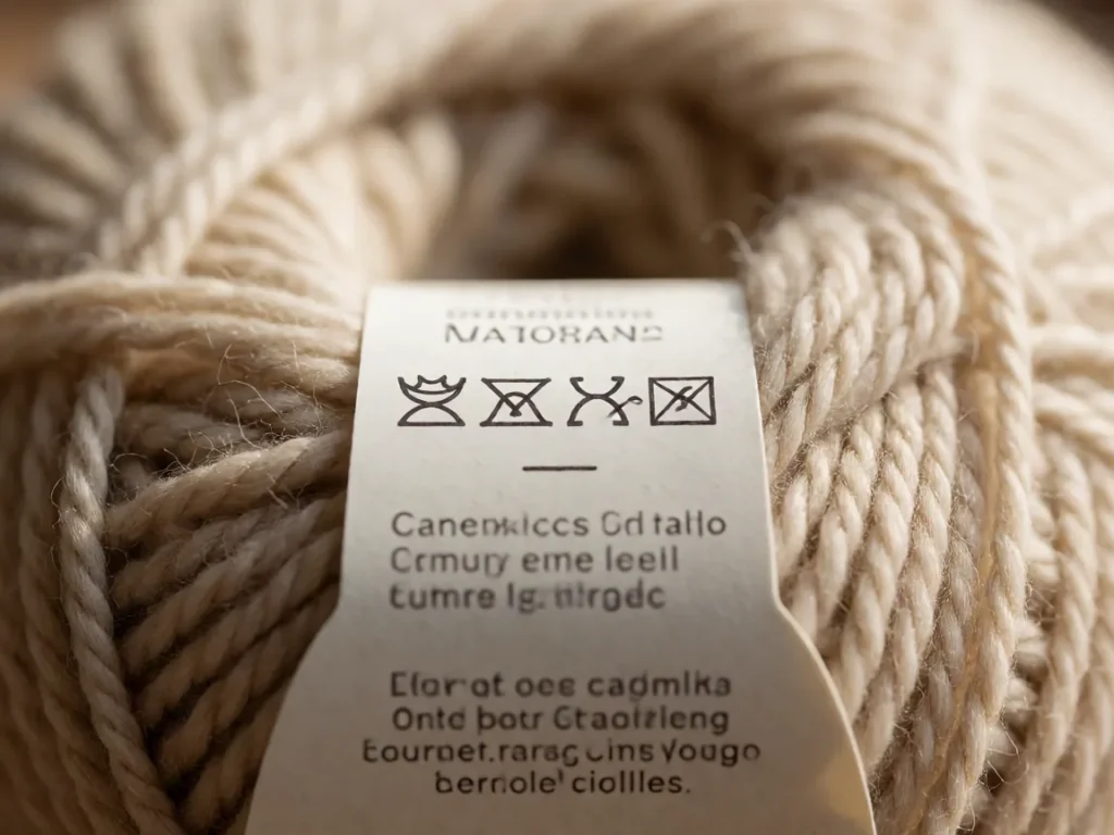 Close-up of a yarn ball band showing weight category, fibre content and gauge symbols