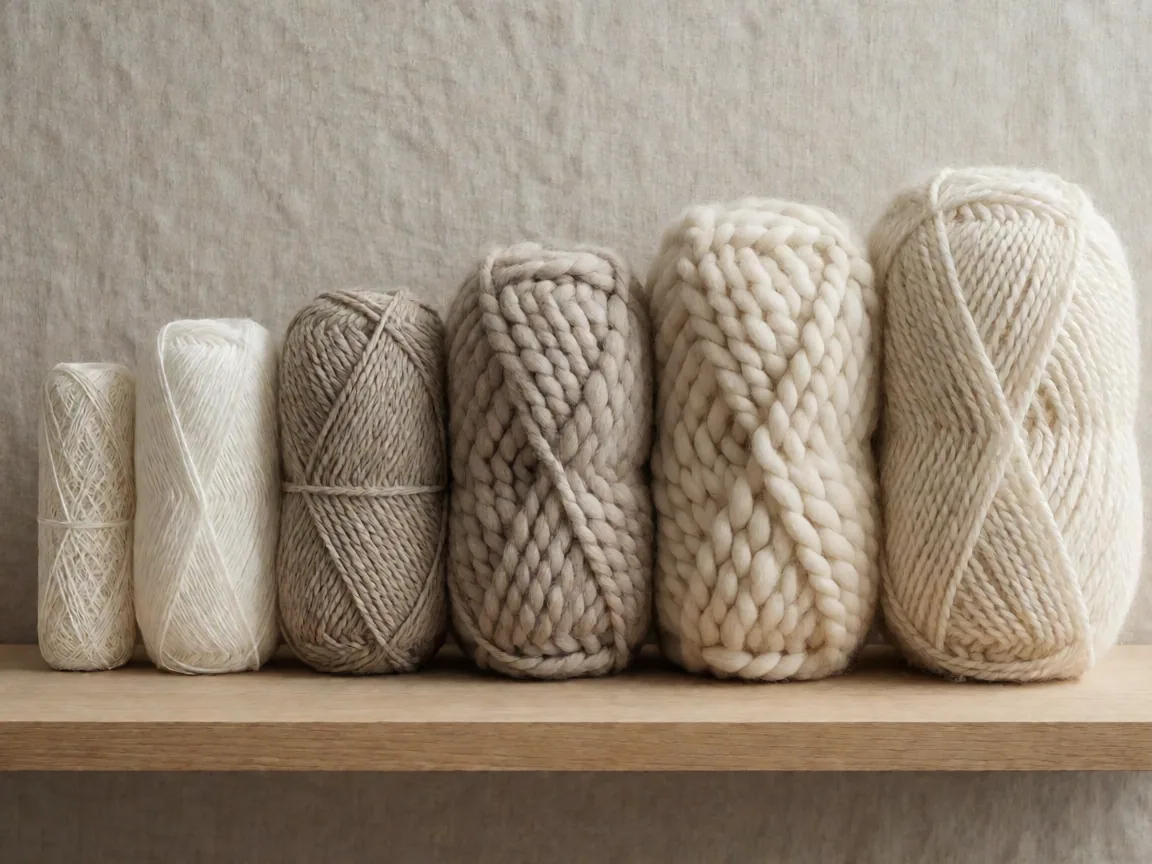 Six balls of yarn in increasing weight from lace to super chunky lined up in a row on a light wooden shelf